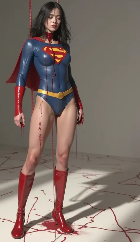 Wearing a Supergirl costume、The  of the beautiful Japanese girl Supergirl, covered in blood 、Beautiful Japanese Supergirl、close your eyes、Bleeding from the groin、Face in pain、spit blood from the mouth、Hanged、Dead、Vomiting blood、