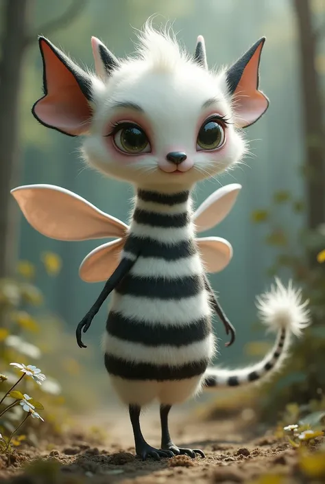 A creature that has a cylindrical body, an elongated head, eight legs, two eyes, a small black nose, floppy ears, a long fluffy tail, a pair of wings, and that the color of its fur is white with black stripes