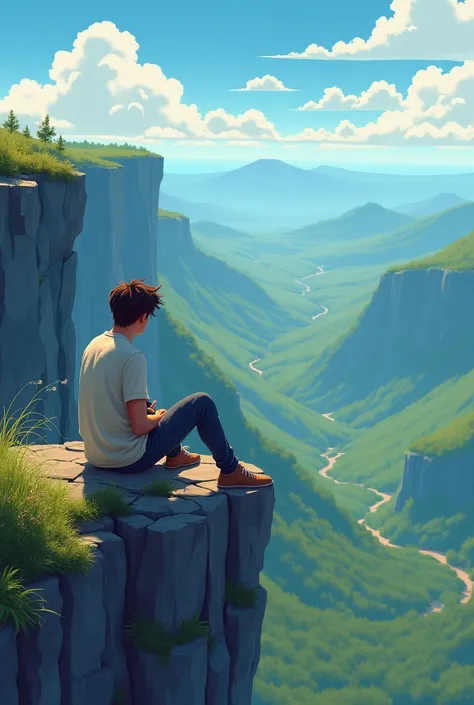 A man sitting at the end of a cliff looking at a beautiful natural landscape, the angle of the photo is from behind the man, animated drawing image, something else 
