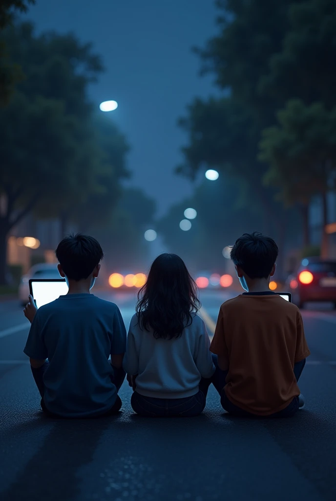 (photorealism:1.2), 3 teenager holding tablet. 1 is boy in the keft 2 girl in the middle and n the right is boy, they all sitting in a street, theyre back is the front in the picture, and make the sky looks like night and the only giving light is from thei...