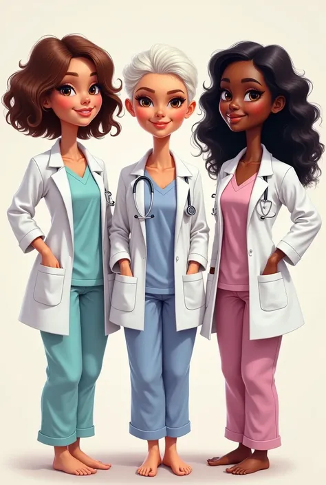 Create 3 Barbie-type caricatures with medical pajamas and a doctor&#39;s coat, one of them being a 40-year-old chubby lady with short brown hair and a medium-sized body. , brown eyes, the other one is thin, has an hourglass body and has short white hair, b...