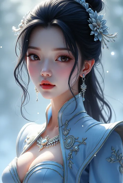 Close-up of a woman in a silver and blue dress, artstation의 chengwei 팬, by 양J, detailed fantasy art, cool character art, The best art station for fan art, Epic exquisite character art, beautiful armor, very detailed artgerm, Detailed digital animation art,...