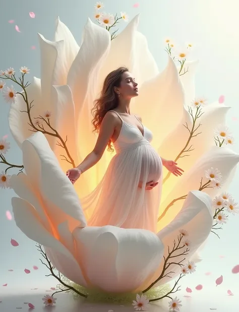 pregnant woman in a white dress standing in a large flower, digital art inspired by Igor Kieryluk, trending on cg society, digital art, maternal photography 4 k, perky woman made of petals, pregnant belly, stunning elegant pose, flower goddess, lady with g...