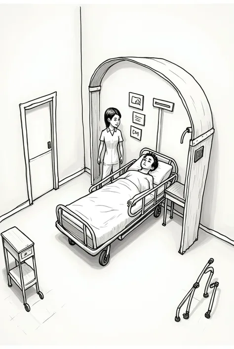 a room with a hospitalized patient on a stretcher, put an arch on the stretcher, crutches and walker at the patient&#39;s bedside and a nurse , that looks like a drawing made by a person
