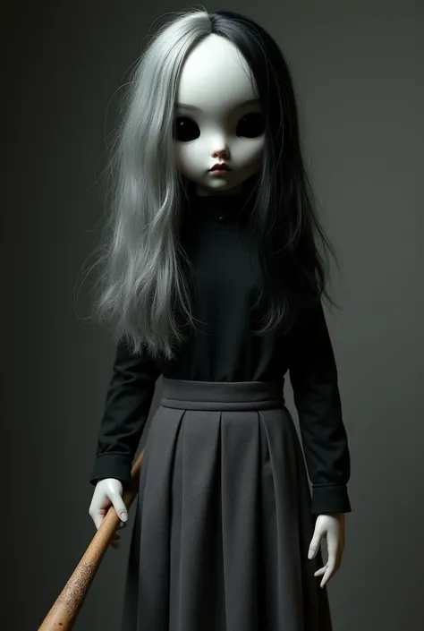 A male doll with a round head, black eyes, long hair, half of which is gray and the other half is black, a long-sleeved black shirt and a gray skirt with a baseball bat made of iron and white skin.