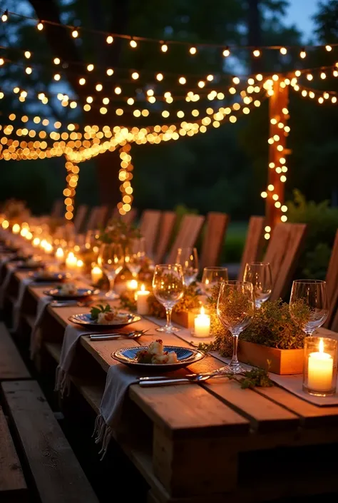 An elegant outdoor dining setup featuring a long table made from pallets, decorated with fairy lights, candles, and a delicious spread of food under a starlit sky.