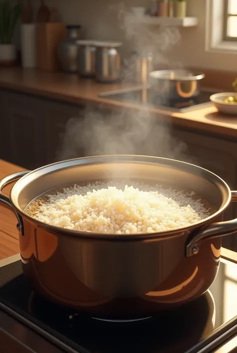 In a pot cooking 3 cups of rice and 2 cups of water,