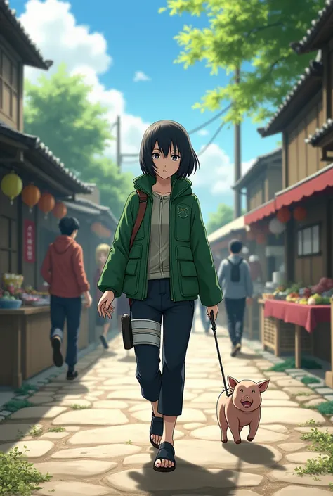 Shizune walking through the leaf village 
