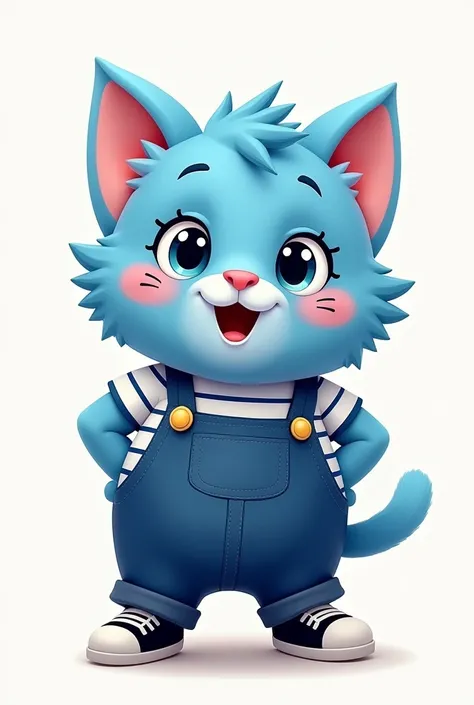 
Little furry cat cartoon style, blue with navy overalls black shoes with white soles, white shirt with blue stripes 
