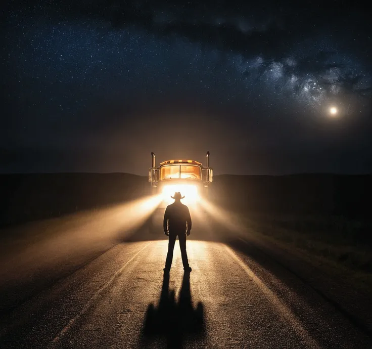 A trucker stands on a deserted road, his figure silhouetted against the eerie glow of a searchlight. The source of the light is unknown, but it seems to be scanning the area. The night is filled with an unsettling silence, and the trucker cant shake the fe...