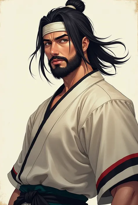 Male character with shoulder length hair, with a simple samurai style beard, wearing a headband, wearing a regular shirt but with black and red horizontal stripes 