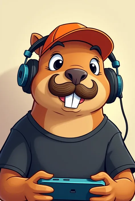 Cartoon drawing of a capybara face with a mustache playing a video game in a black t-shirt, orange cap and headphones! no teeth out