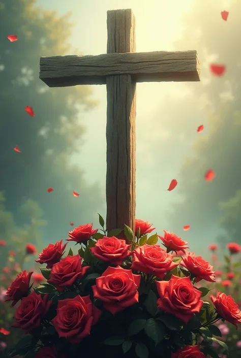 Image of the cross of Christ surrounded by roses at his feet