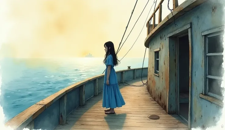 Watercolor art with dark hair in blue dress, Standing on the deck of an old ship, a ship, look away, madrugada, light mist, taciturn atmosphere, Sunrise at sea watercolor art