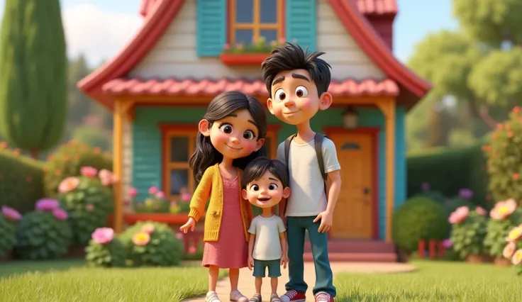 Im Stil von Pixar 3D-Animation filmen (Caricature). A couple with their adult daughter stands in front of a house
.