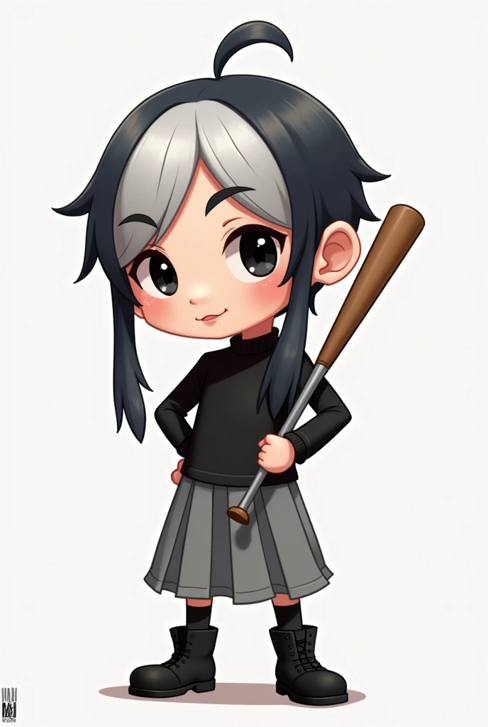 A cartoon style male character with a round head, black eyes, long hair, half of which is gray and the other half is black, a long-sleeved black shirt and a gray skirt with a baseball bat made of iron, white skin, full body with black boots.