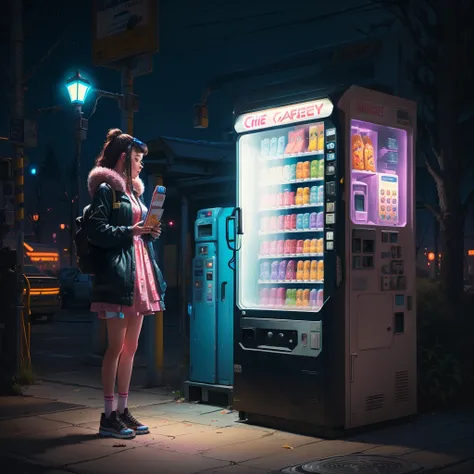 araffe vending machine on sidewalk with woman standing next to it, vending machine, vending machines, sci-fi vending machine, inspired by Chris LaBrooy, lofi girl, nighttime, by Chris LaBrooy, lofi girl aesthetic, commercial illustration, cinematic flavor,...