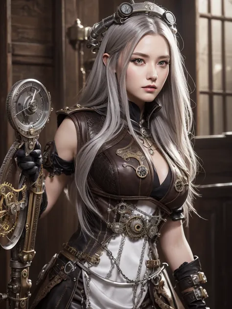 Very beautiful Steampunk lady, long silver hair, steampunk outfit and weapon, hyperrealism, photorealistic, 