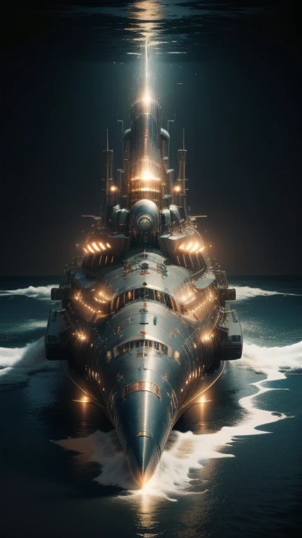 Fantasy，8k,Extremely detailed, masterpiece,High resolution,Highest quality,Increase the resolution,Cinema Lighting,Different space，6-dimensional world，Giant submarine，Steampunk submarines，Ancient Undersea City，deep sea，Japan Trench，Dazzling Light，In the va...