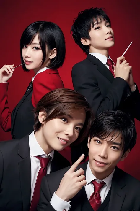 Trio of suit and tie,dynamic pose,nervous expression, with red background,death note style