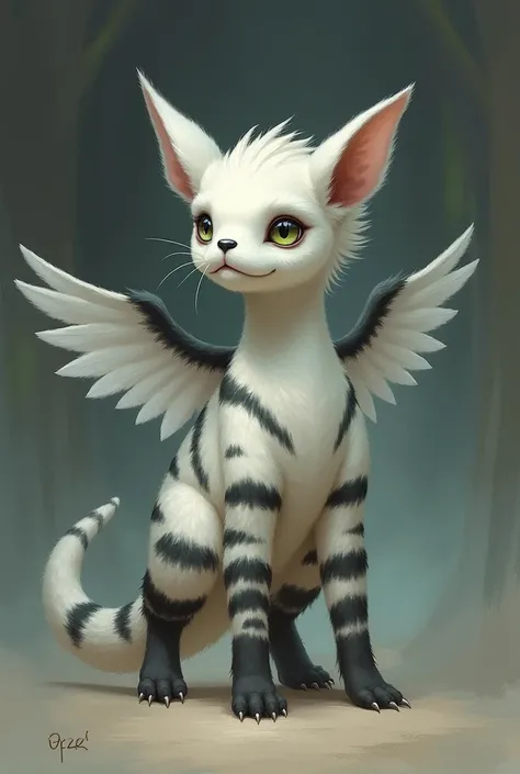 A creature that has a cylindrical body, an elongated head, two eyes, that has four legs on each side, a small black nose, floppy ears, a long fluffy tail, a pair of wings, and that the color of its fur is white with black stripes