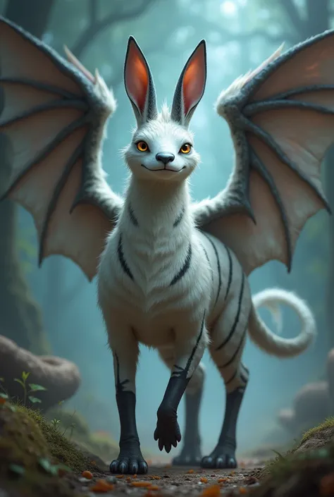 A creature that has a cylindrical body, an elongated head, two eyes, that has four legs on each side, a small black nose, floppy ears, a long fluffy tail, a pair of wings, and that the color of its fur is white with black stripes