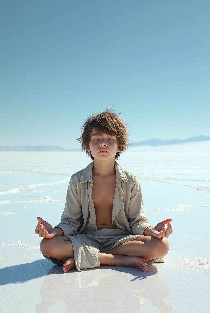 Boy meditating in the Uyuni salt flats
