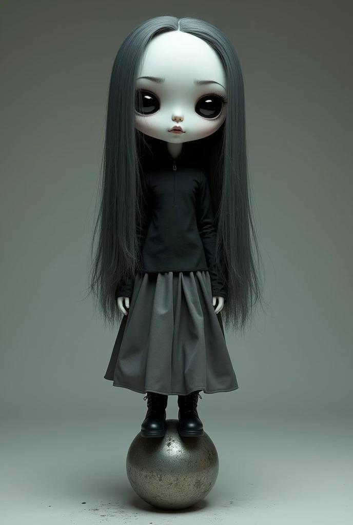 Male doll with round head, black eyes, long hair, half is gray, the other half is black, a long-sleeved black shirt and a gray skirt with a ball base made of iron with white skin, full body with black boots