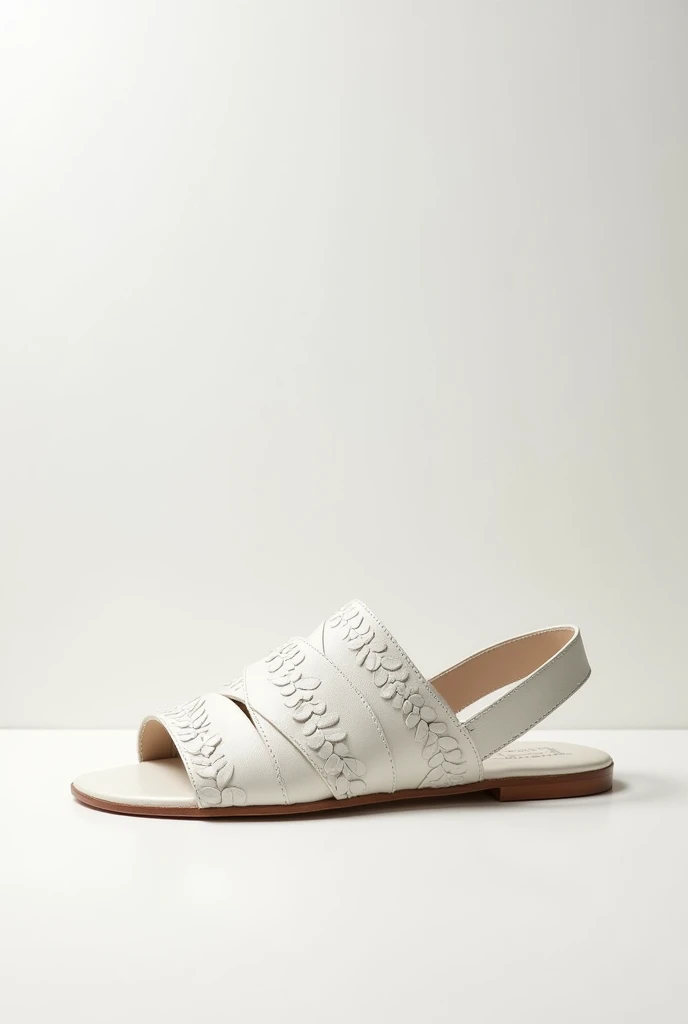 make a white women&#39;s sandal with leaf texture (elephant ear leaf) on a white background in the same position as the last shoe