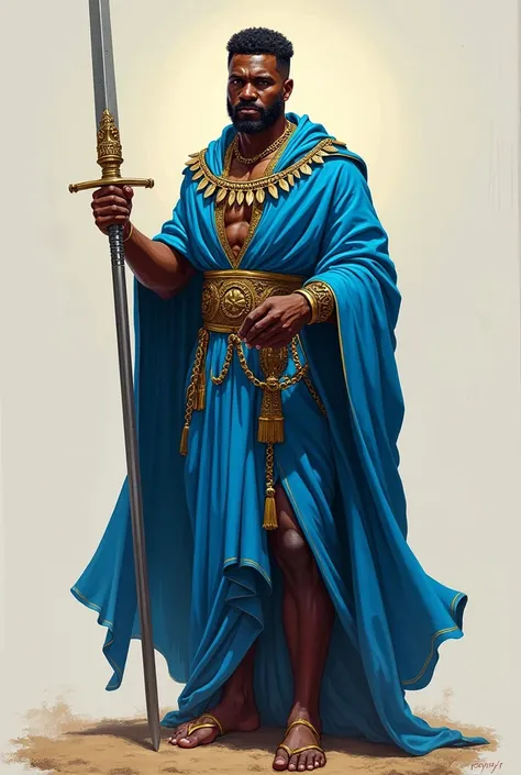 Male Orisha Ogum in blue clothing with his sword in his hand, characteristic of Saint George 