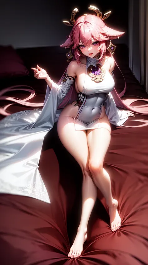 Yae Miko,purple eyes,Wedding Dress,long skirt,seductive face,legs open