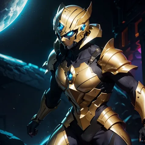 É homem. The image presents a highly detailed and futuristic armor designed for a male warrior. The armor combines elements from different parts to create a cohesive and powerful look.

Helmet: The helmet features a sleek, aerodynamic design with a golden ...