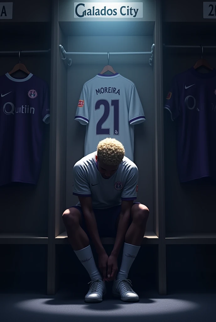 Make an image of ONE player tying his boots alone, with lights completely obscuring his face and him with short, light blonde hair, the locker room is dark and the spotlights are shining on him and the Galados City team, uniform in white and purple colors ...