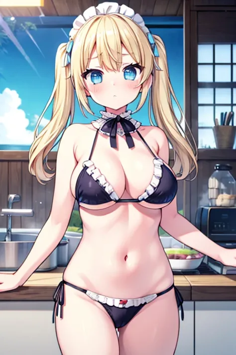 Blonde with blue eyes、maidbikini staff、Large Breasts、Twin tails、Girl Brat,Large Breasts,Cute eyes,Puffy eyes,seasidecafe,yakisoba cooking,