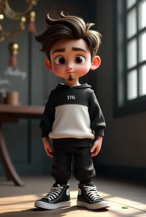 3D pixar style, a 2 young man, white, thin face, thick lips, small brown eyes. White skin, brown wavy hair. Thin goatee In a black and white sweatshirt, black sneakers, with a gold ring on his left finger holding a chaco. In a nunchako room style environme...