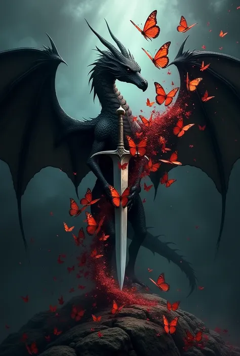 make a book cover that represents chaos and love, where there are daggers, butterflies, just a black dragon and scars but no people on the cover a little sunlight would make it more realistic