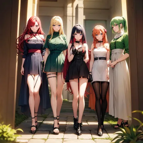 3 anime girls, one girl has red hair and blue eyes, another girl has blonde hair and light green eyes, the another girl has black hair and light brown eyes