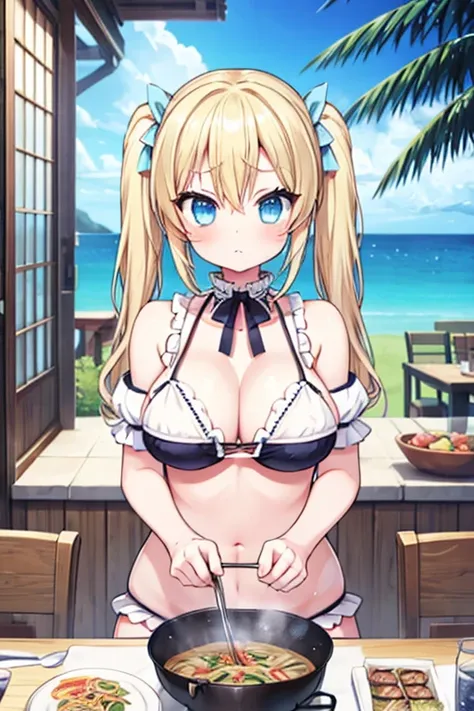 blonde with blue eyes、maidbikini staff、large breasts、twin tails、girl brat,large breasts,cute eyes,puffy eyes,seasidecafe,yakisob...