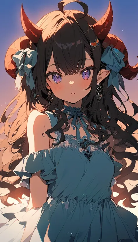 masterpiece, anime girl with horns and horns on the head, beautiful anime girl, cute anime girl, an anime girl, demon anime girl, very beautiful anime girl, cute anime girl, anime style flat shading, anime art moe style, gradient background dark blue