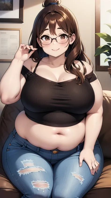 Chubby woman, long wavy brown hair, hazel eyes, glasses, double chin, chubby belly and lovehandles, thick thighs, moderate breasts, low cut off-the-shoulder top and jeans, sitting, smiling sweetly