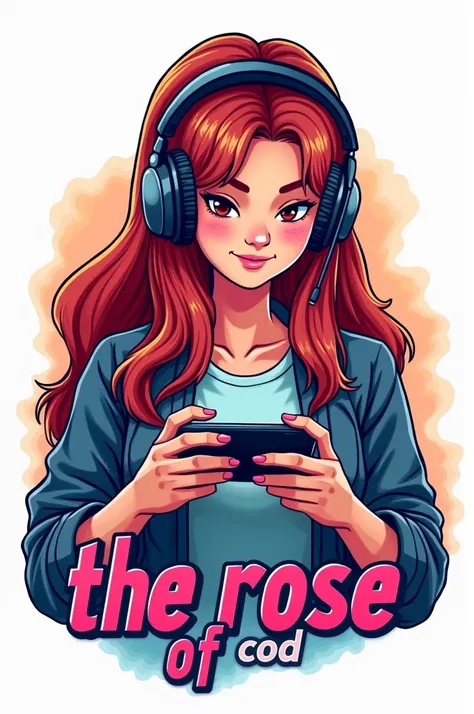 Can you generate a logo for me of a gamer girl with headphones and who is playing with her cell phone and below it says " THE ROSE OF COD"