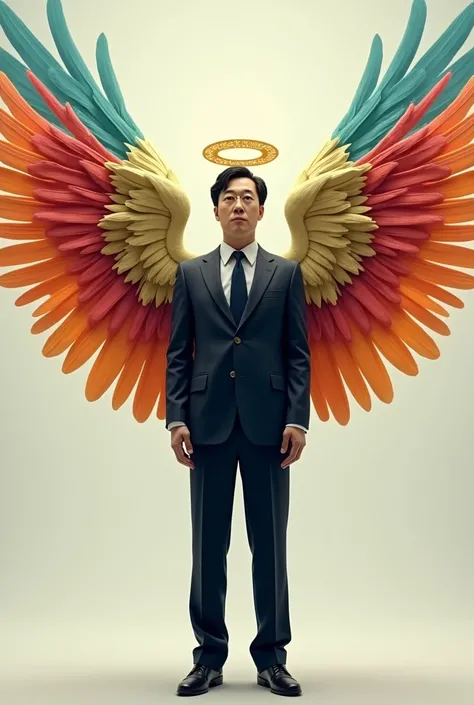 A realistic image of a Japanese businessman with six angel wings of different colors on his back and a golden halo floating above his head. The businessman is wearing a suit and tie, standing with a confident posture. The wings are vivid and each has a dis...