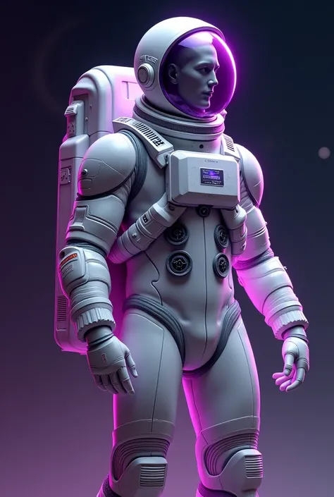 GREEK STATUE DRESSED IN AN ASTRONAUT OUTFIT WITH PURPLE DETAILS