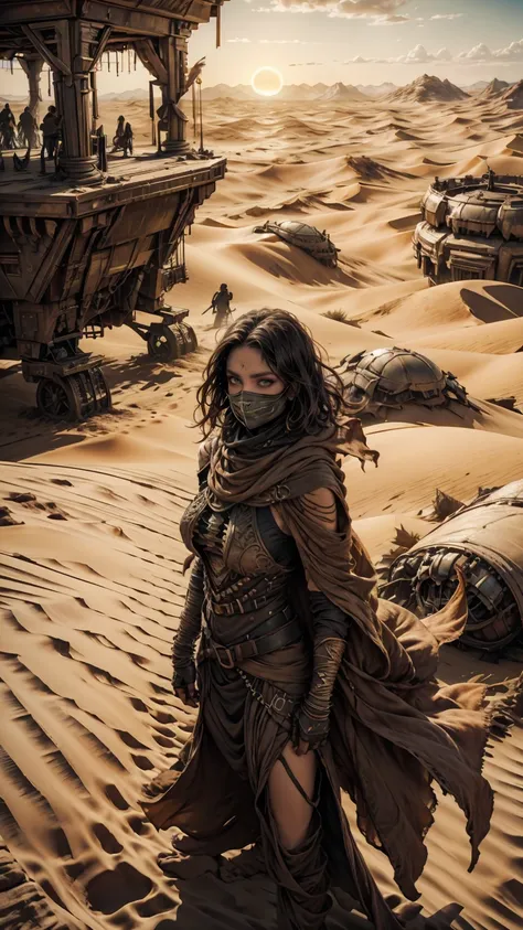 from above, high view shot, in the heart of a desert of dune, a young sexy woman with a large and black haircut, desert tunic, w...