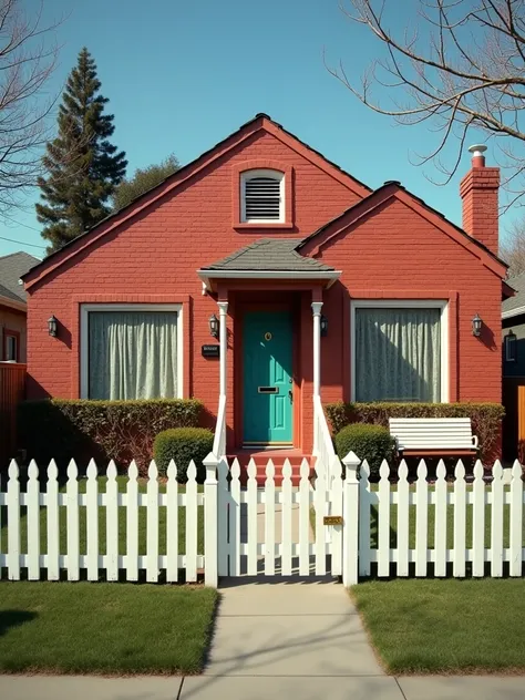 A classic 1980s suburban home in Los Angeles, ideal for a sitcom setting. The house has a warm, inviting feel with a red brick exterior, a well-manicured front lawn, and a white picket fence. The facade features large, white-framed windows with curtains, a...