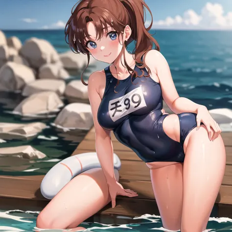 masterpiece, Highest quality, High resolution, One Woman、Teen、1990s (style),tall、Muscular、healthy、Black school swimsuit、The background is the sea、SFW、Cute Pose、Portrait、Cute Smile、Because it got wet