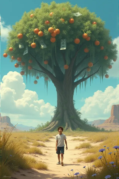 A teenager in a deserted land with grass, flowers and a giant tree starting to bear fruit and that fruit is money. 