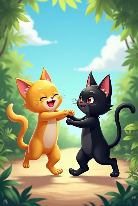 A yellow cat and a black cat exercising 