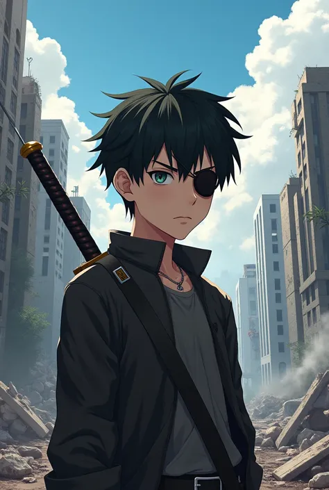 image of a realistic anime boy with an eye patch, a sword on his side and a destroyed city behind