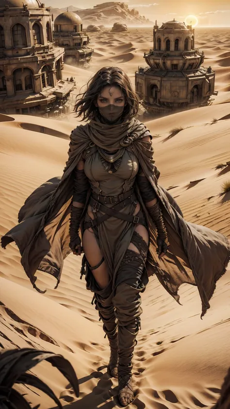 from above, high view shot, in the heart of a desert of dune, a young sexy woman with a large and black haircut, desert tunic, w...